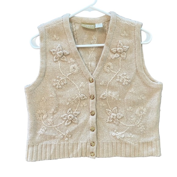 Vintage Jackets & Blazers - Vintage Liz Claiborne Chunky Knit Floral Wool Sweater Vest Cottagecore Small
